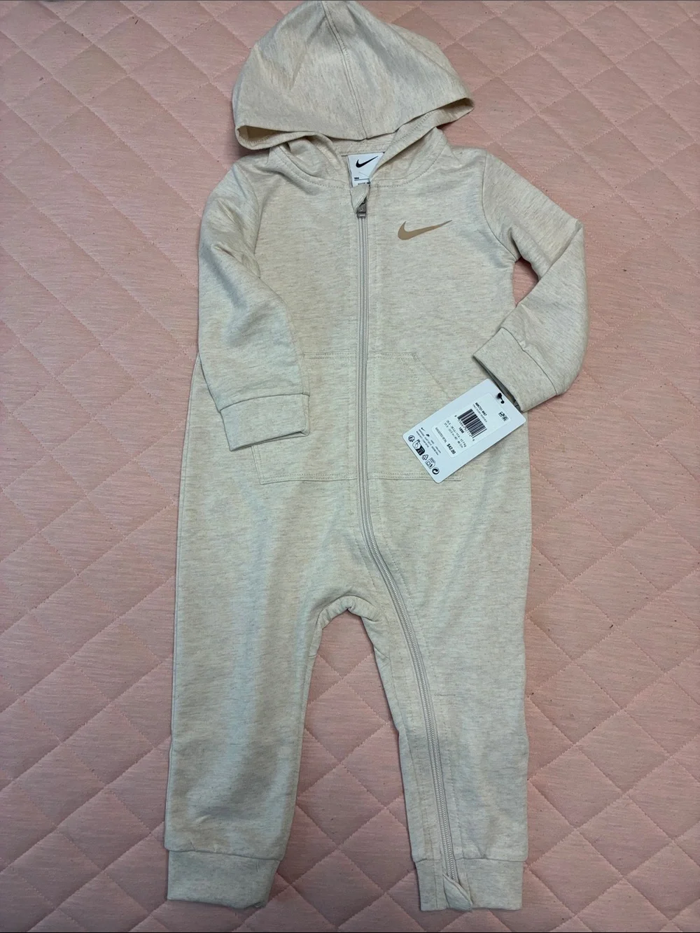 Nike Kids Hooded Zip One-Piece in Light Beige